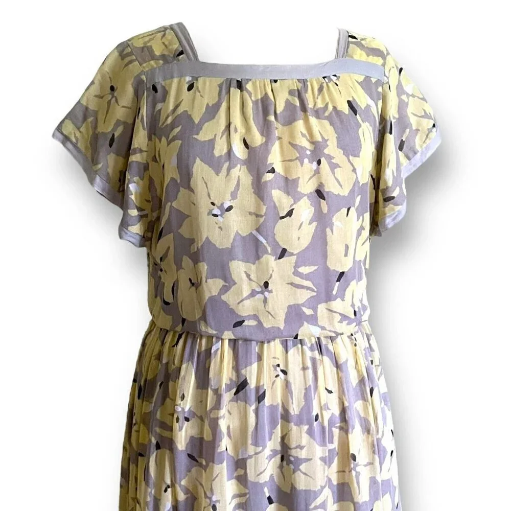 Vintage 80s Womens Midi Dress Sz M Gray Yellow Floral Boho Blouson Cotton Gauze - Picture 6 of 11